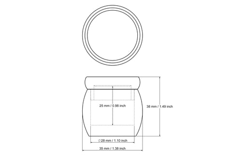 Rysunek techniczny okrągłego drewnianego pudełeczka na tabletki 35 x 38 mm