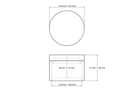 Rysunek techniczny okrągłego drewnianego pudełeczka na tabletki 50 x 37 mm