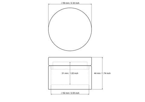Rysunek techniczny okrągłego drewnianego pudełeczka na drobiazgi 59 x 44 mm