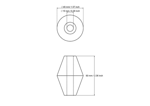 Rysunek techniczny toczonego drewnianego koralika w kształcie podwójnego stożka 40 × 60 mm