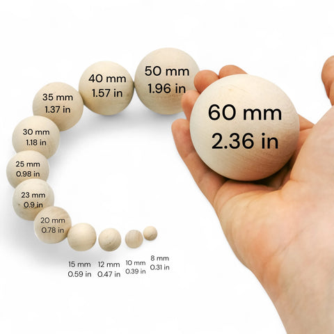 size comparison of round wooden parts from 8 to 60 mm