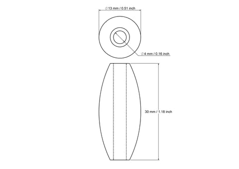 Rysunek techniczny drewnianego koralika beczułkowego 13 x 30 mm z otworem 4 mm
