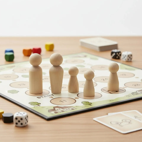 Turned wooden peg dolls in various sizes used as board game pieces