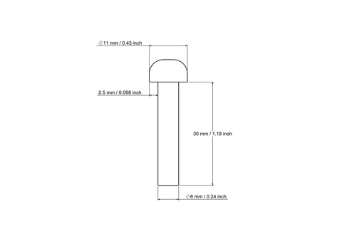 technical drawing of 6 x 30 mm birch wood mushroom axle peg