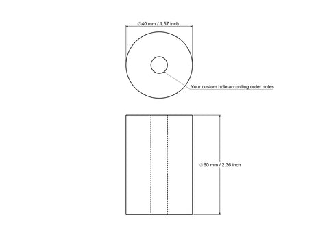 tehniline joonis: 40 × 60 mm puidust silindrid koos hole