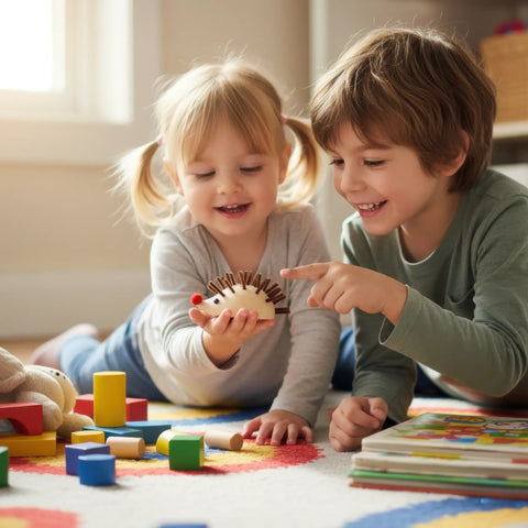 children holding Holz hedgehog Figuren Spielzeug-