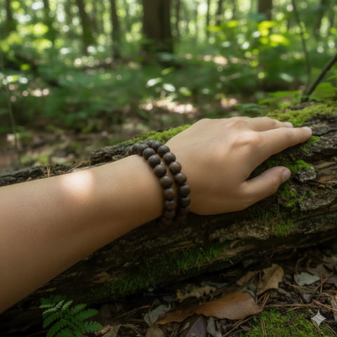 person wearing bracelet aus 10 mm black Eichenholz Perlen