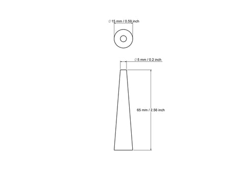 technische Zeichnung: 15 x 65 mm gedrechseltes Holzkegel