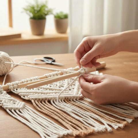 Person crafting a makramē wall hanging ar koka koka stieņi uz koka table ar a soft, blurred background.