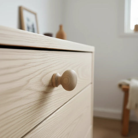 37 mm thick rund Birkenholz Möbelknopf installed on cabinet door