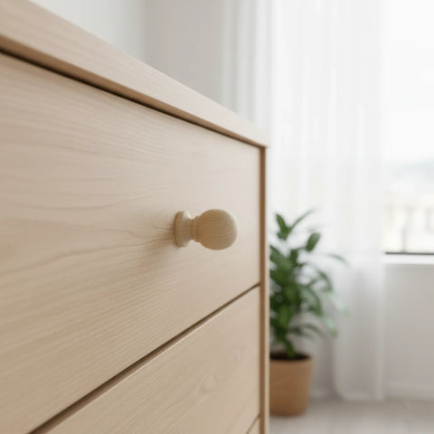 33 mm rund Eichenholz Möbelknopf installed on cabinet door