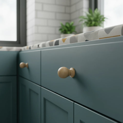 33 mm ümar ash puidust mööblinupp installed on cabinet door