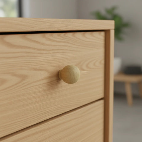 23 mm round ball oak wooden cabinet knob installed on cabinet door