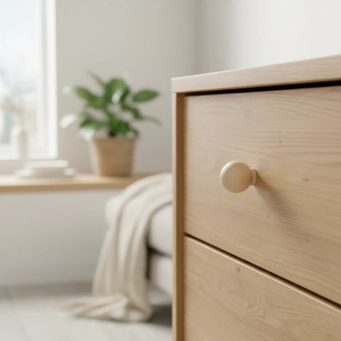 23 mm round ball birch wooden cabinet knob installed on cabinet door
