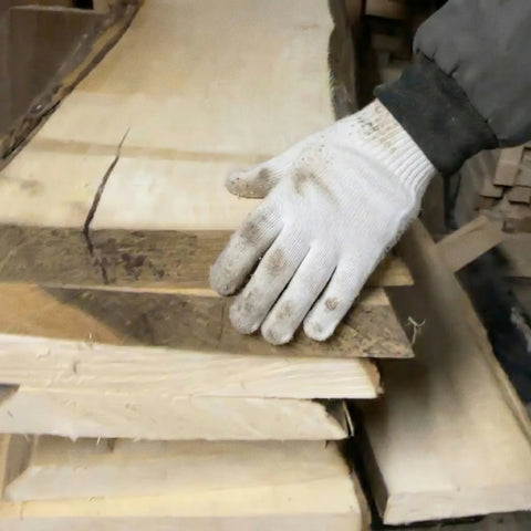 Cut wood blanks prepared for woodturning in workshop