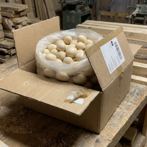 Turned wooden balls packed in bag ready for shipping